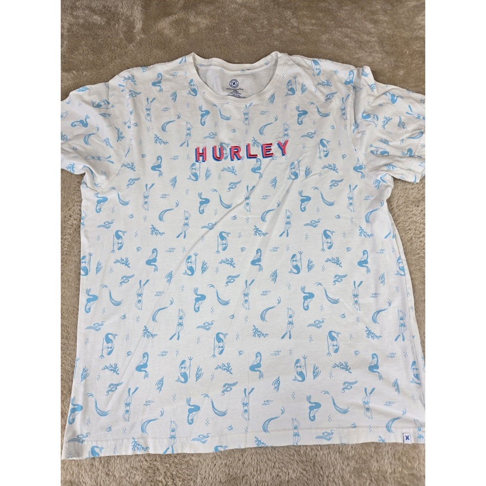 Hurley Mens XXL White Mermaid‎ Print T-Shirt Embroidered Pink Logo Short Sleeve